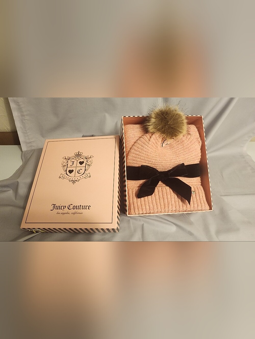 Juicy Couture Blush Pink Knit Pom Hat with Black Velvet Bow